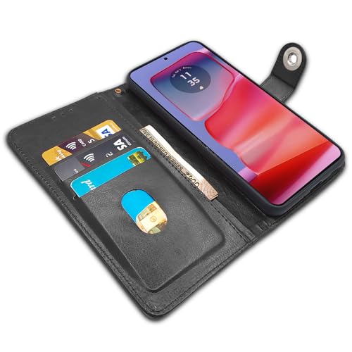 Image of Pikkme Moto Edge 50 Pro 5G Flip Cover Leather Finish | Inside TPU with Card Pockets | Wallet Stand and Shock Proof | Complete Protection Button Flip Case (Black)