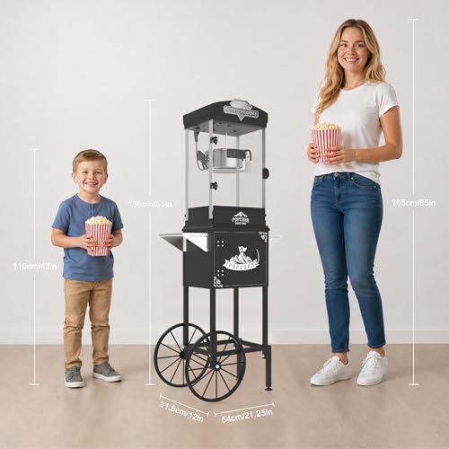 Image of 8 Oz Popcorn Machine with Cart (Black) - Compact Vintage Popcorn Maker - High Efficiency One Touch Operation with 3 Plastic Spoons, Storage for Movie Nights, Party