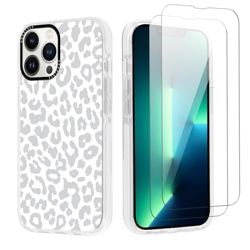 lioscre Cheetah Print Phone Case for iPhone 13 Pro Max 6.7" Case with 2 Pack Tempered Screen Protector, Cute Leopard Pattern Design Shockproof TPU Soft Clear Funda Cover for Women Girls, White