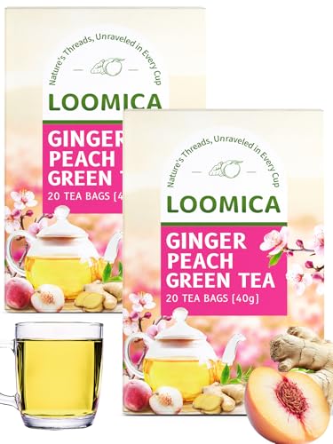 Image of LOOMICA Ginger Peach Green Tea, Caffeinated, Pastoral & Spicy Soothing Blend with Green Tea, Ginger, and Juicy Peach Flavor, Individually Wrapped Bags, 20 Counts (Pack of 2)
