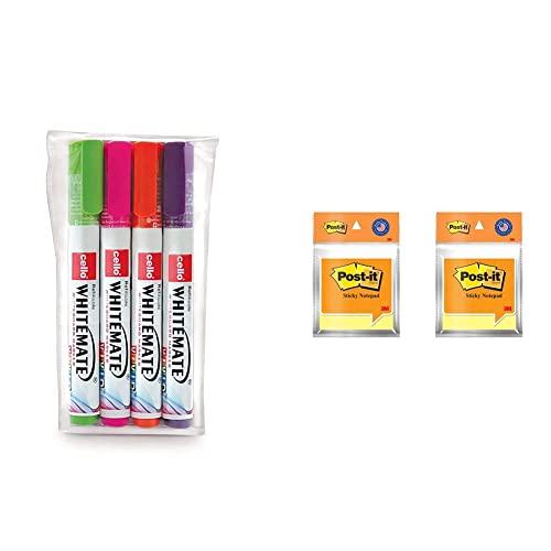 Image of Cello Whitemate Vivid Whiteboard Marker (4 Vivid Ink Colors - Orange, Magenta, Violet, Lime) | Stati & Post-It Sticky Notes (3 inch X 3 inch) - Pack Of 2 (2X100 Sheets, Canary Yellow)