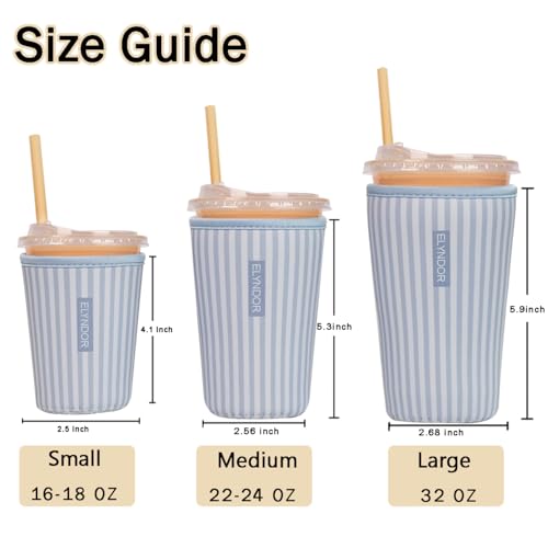 Image of Reusable Insulated Sleeve for Iced Coffee Cup, Coffee Neoprene Sleeve for Cold & Hot Drinks, Beverage Holder for Iced Coffee (Blue Stripes, Small: 16-18oz)