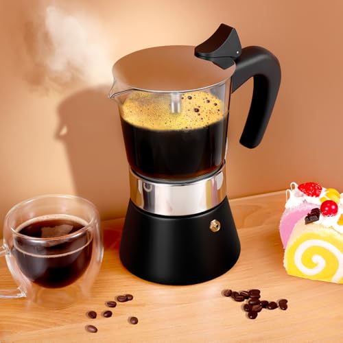 Image of 6 Cup 300ml Glass Moka Pot, Stovetop Espresso Maker, Black | Crystal Glass-top & Stainless Steel Coffee Maker, Induction Compatible, for Greca de Cafe, Cuban and Italian Coffee Brewing