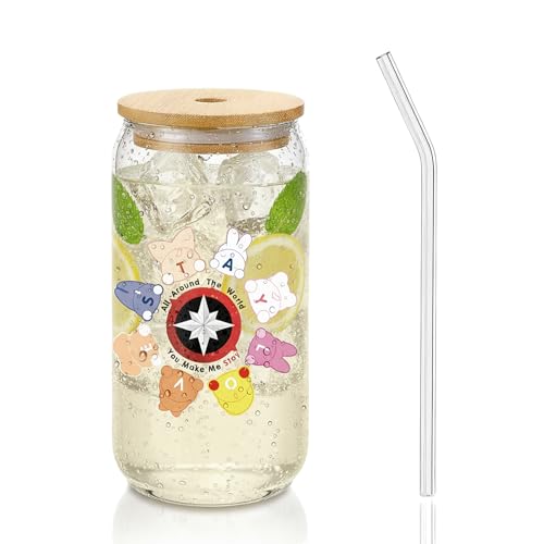 XIAZHDZ Korea Pop Merch 500 ml Glasbecher Korea Pop Merch Fan Cup für STAYs | Glas mit Bambusdeckel & Glashalm Trinkbecher für Kaffee Eistee & Bubble Tea