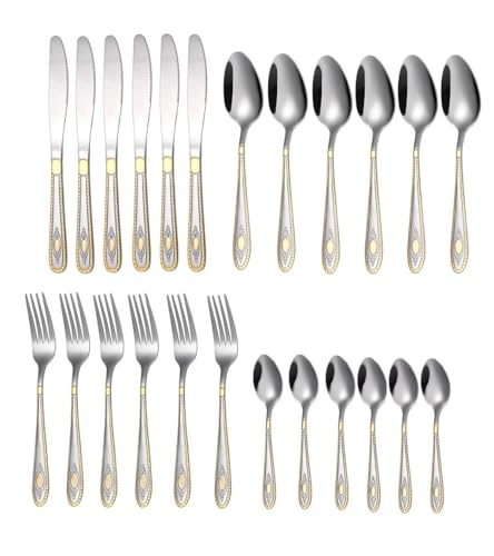 ANH MART Mirror Finish Silver Gold Plated Stainless Steel Flatware Set Copper Silverware Set Rose Gold Spoon Color Cutlery Set [Dinner Fork-Tea Spoon-Salad Spoon-Knife] Set of (Silver Gold, 24)