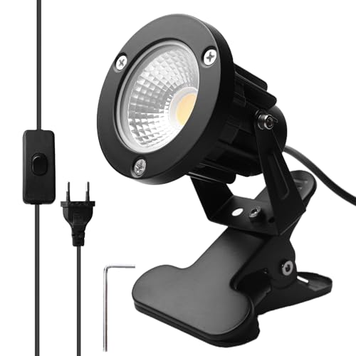 Foco LED con enchufe, 10 W, foco LED de jardín, luz blanca cálida, 3000 K, con clip y cable de 1,8 m, IP65, resistente al agua, foco para césped, iluminación de jardín, para exteriores, patios y