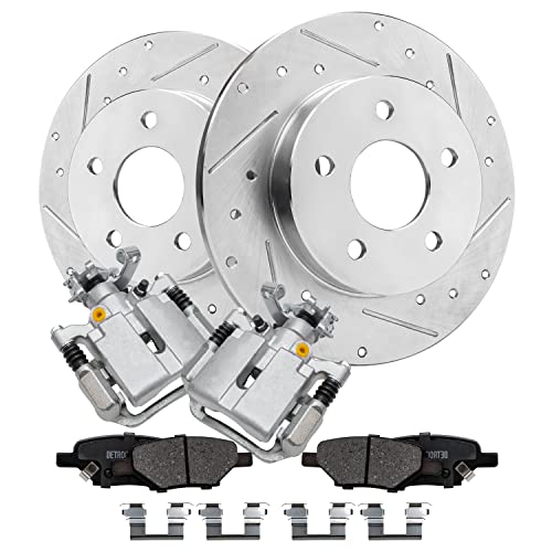 Image of Detroit Axle - 5-Lug Rear Brake Kit for Chevy Malibu HHR Cobalt Pontiac G5 | G6 Saturn Aura Drilled & Slotted Brake Rotors Ceramic Brake Pads Calipers Replacement Brakes and Rotors