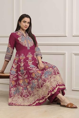 Image of Biba Printed Cotton Kalidar Casual Kurta With Palazzos