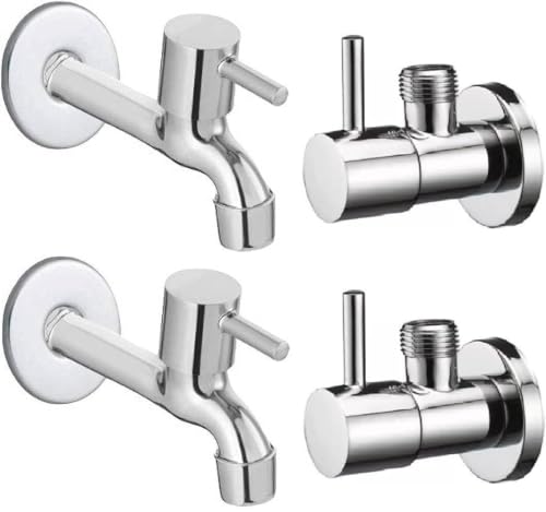 Image of Stainless Steel Long Body&Angle Tab for Bathroom, Washroom(Chrome Finish) Suitable for Home, Office, Hotels Pillar Tap Faucet