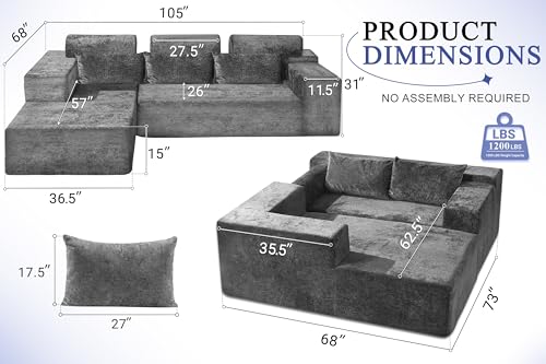 Image of HABUTWAY 105 inch L-Shape Modular Sectional Sofa Couch for Living Room,No Assembly Required,Modular Comfy Sofa with Deep Seat for Living Room Bedroom,Luxury Distressed Velvet(Left,Grey)