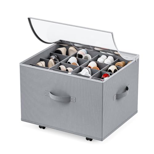 HOUSE AGAIN Shoe Organizer for Closet, Shoe Storage Organizer with Wheels, Foldable Shoe Storage Box with Adjustable Dividers and Clear Cover, Reinforced Handles, Fits up to 16 Pairs, Gray