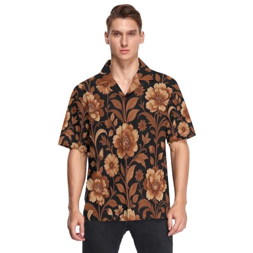 Chemise vintage homme boutonnée motif floral marron haut de gamme