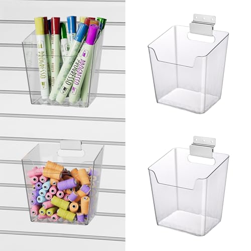 Clear Slatwall Bins, 4 Pack Slat Wall Accessories Cups Hooks Assemble Set Fit Most Slat Board Storage Systems Transparent Display Hanging Holder Organizers for Garage Shed Office Craft Tool (Small)
