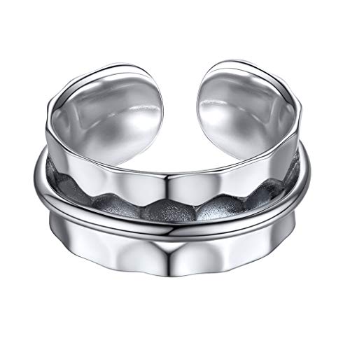 Silvora S925 Hammered Open Ring, Women Men Sterling Silver Flat Top Handmade Textured Ring with Gift Box, Customize Available Engagement Couple Rings (Silver)
