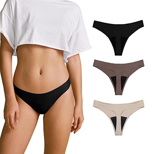 SHARICCA Women Postpartum Period Thongs 4 Layers Leakproof Underwear Panties for teen ladies Multipack 3 Pack-beige X-Small