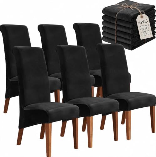 Deisy Dee Velvet Dining Chair Covers, Set of 6 Extra Large Stretch Slipcovers for Parsons High Back Chairs, Removable Washable Chair Protectors, Black