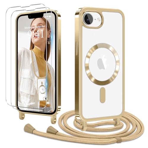 Ethanger Coque pour iPhone 16e avec Cordon de Collier + 2×Verre Trempé, Coque Transparente TPU Bumper Silicone Etui Housse avec Cordon Réglable, Cover Magnétique pour iPhone 16e Or