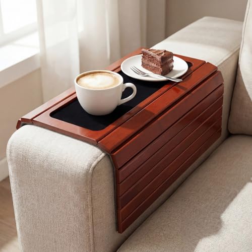 LemonRoad Bamboo Couch Arm Tray Table, Foldable Sofa Arm Tray Couch Cup Holder Caddy for Drinks, Snacks, Remote & Phone, Non-Slip Rest Table Organizer for Recliner Loveseat Sofa(Brown)