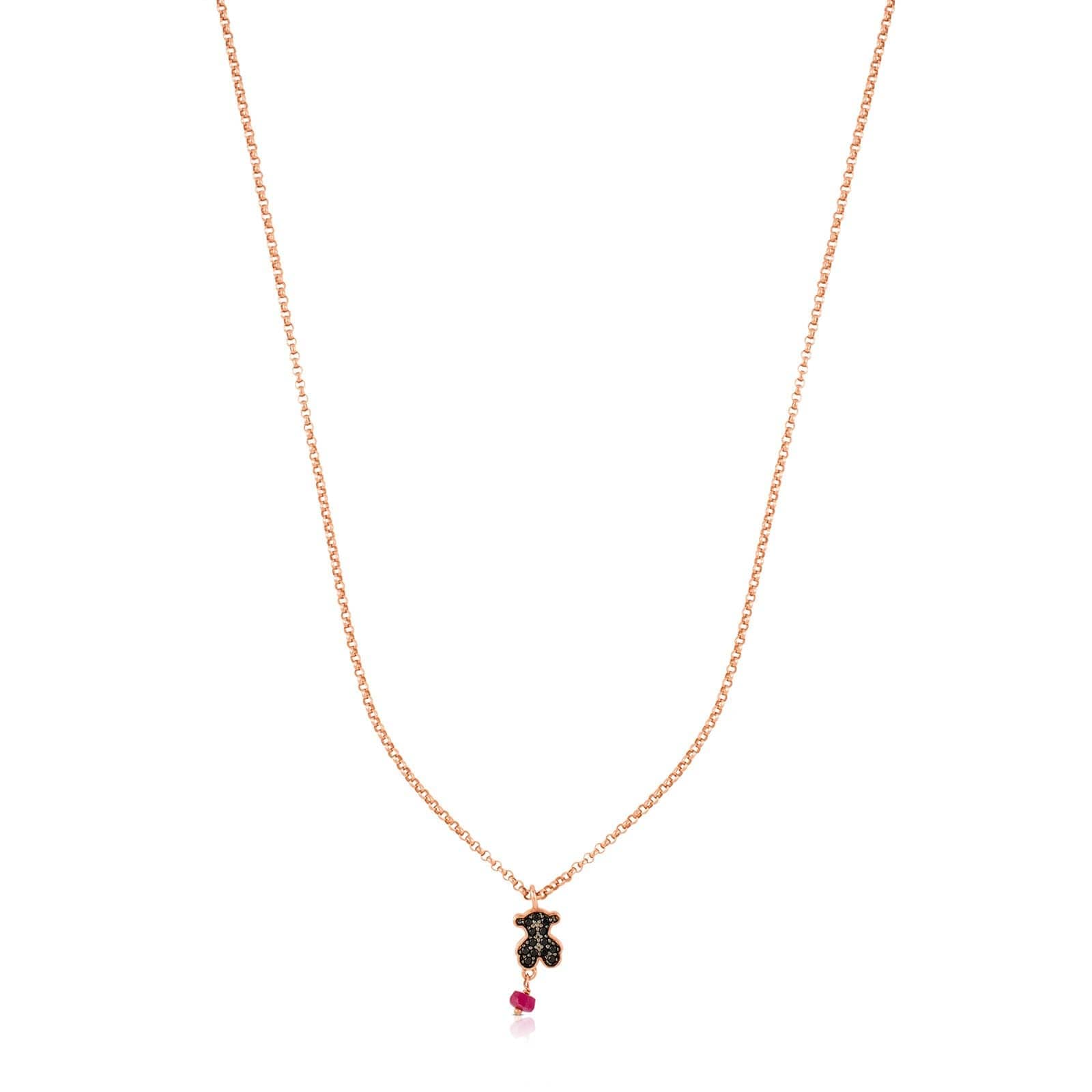 TOUS Collar con Baño de Oro Rosa 18Kt sobre Plata y Colgante de Espinela y Rubí para Mujer, Largo 45cm, Colgante 0,9cm, Glamour y Elegancia, Colección Motif