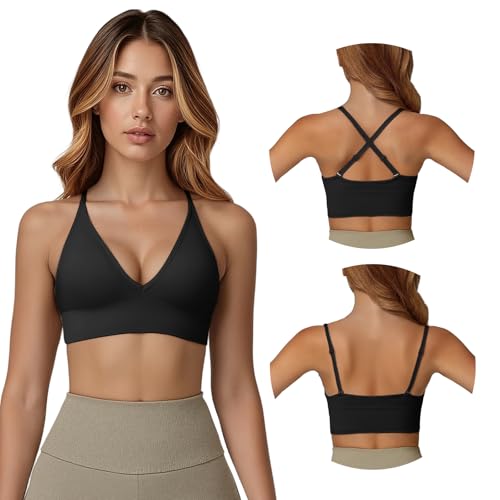 Fiohiros Deep V Sports Bras Women, Sports Bra with Adjustable Spaghetti Strap, Non Wired, Removable Pads, Stretchy Padded Sports Bra for Yoga, Running (UK, Alpha, L, Regular, Regular, Black)