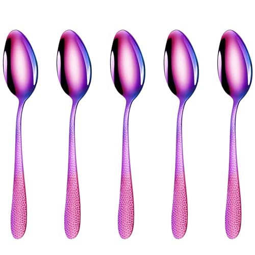 Image of 8.1 inch Hammered Rainbow Silverware Dinner Spoons | 5-Piece Premium Stainless Steel Flatware Set | Dishwasher Safe Cutlery Set for Home, Restaurant & Gifting