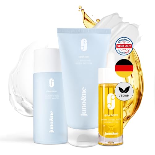 juno & me - Bye Bye Pickel Set 3-Step Routine gegen Körperunreinheiten & Rasierpickel mit AHA & BHA Peeling Aloe Vera und mehr mit Body Wash Body Lotion & After Shave Öl vegane Körperpflege