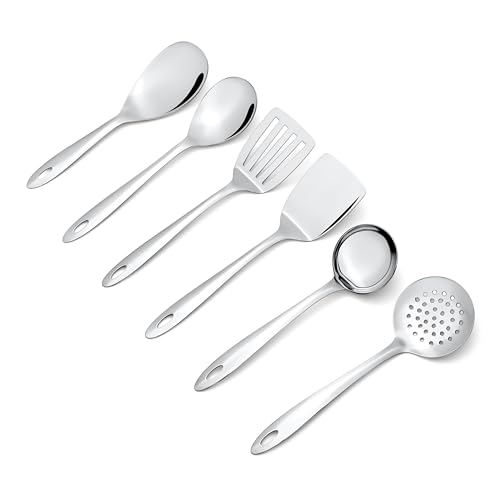 Image of Montavo by FnS 6 Pieces Stainless Steel Serving Tools Set | Rice Server, Gravy Ladle, Serving Spoon, Solid Turner, Skimmer & Slotted Turner | Kitchen Utensil Set for Home & Dining