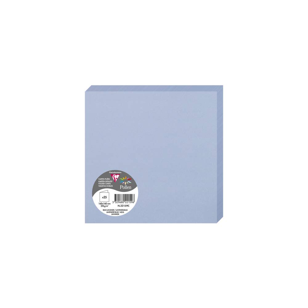 Clairefontaine 22159C Pack of 25 Double Cards Square Format 16x16cm 210g/m² Lavender Blue Invitation Correspondence Cardboard Pollen Range Premium Smooth Paper