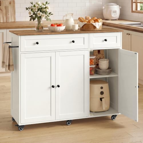 VASAGLE Kücheninsel, Küchenwagen auf Rollen, Beistellschrank mit Schubladen | Mit verstellbaren Einlegeböden, für Küche, Weiß und Braun, 106,8 x 40 x 89,2 cm, SIREN Kollektion KKI0