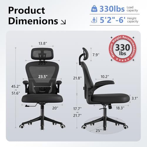 Ergonomic Office Chair M903, Computer Desk Chair with Wheels, High Back Mesh Office Chair with Adjustable Lumbar Support, Headrest, Flip-Up Armrests, Black - Image 3