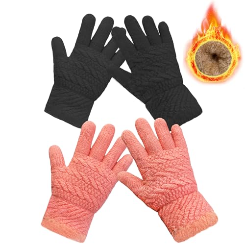 lifwimner 2 Pairs Kids Winter Gloves Warm Thermal Thick Knitted Gloves for Girls Boys Fleece Snow Mittens for Cold Weather (Black+Pink, M)
