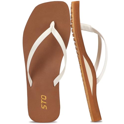 STQ Flip Flops for Women Square Toe Arch Support Orthopedic Summer Beach Plantar Fasciitis Sandals White Brown Size 9