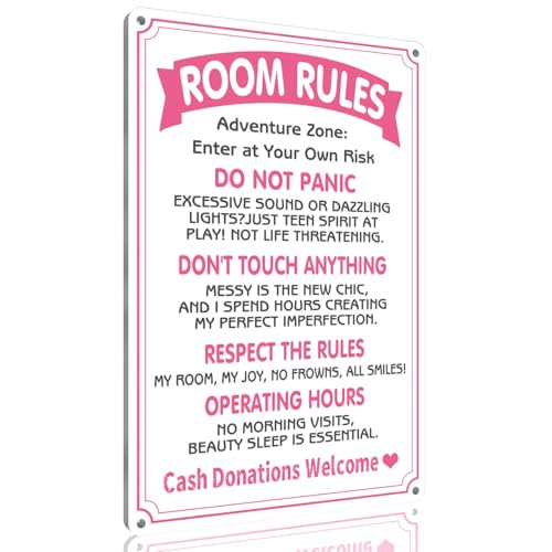 Homely Accents Pink Room Rules Sign for Teen Girls Metal Bedroom Door Sign Preppy Room Wall Decor for Teens Aesthetic Cool Metal Tin Signs 8x12 Inch