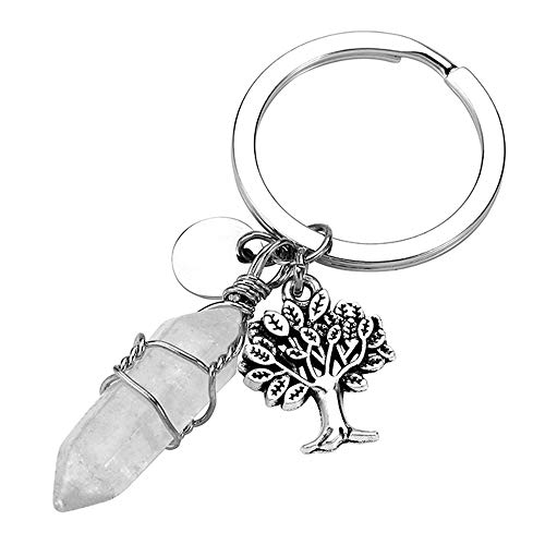 Preisvergleich Produktbild CrystalTears Keychain Schlüsselanhänger Wire Wrap Edelstein Sechseckige Säulen mit Baum des Leben Lebensbaum-Anhängers Schlüsselring Schlüsselbund / Bergkristall
