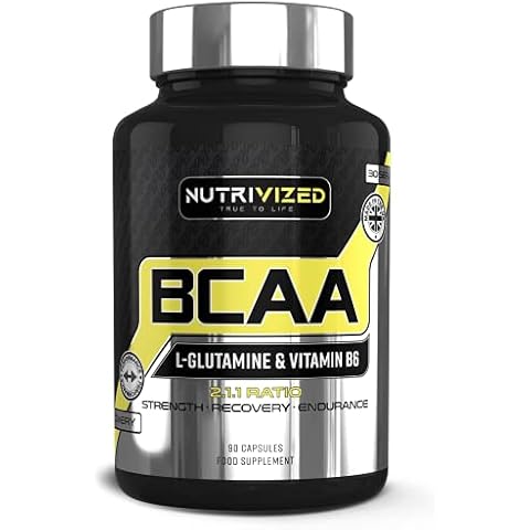 Nutrivized BCAA - 1800mg - 2:1:1 Branched Chain Amino Acid with L Glutamine - Vitamins B6 - Pre Workout for Men & Women - Vegan - Muscle Growth - Recovery - 90 Capsules - Made in The UK Cover