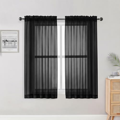 Image of OWENIE Sheer Curtains, Black Sheer Curtains 50 Inch Length 2 Panels Set, Rod Pocket Voile Fimly Sheer Drapes for Living Room Bedroom, 2pcs, Black, Each 42 inch W x 50 inch L