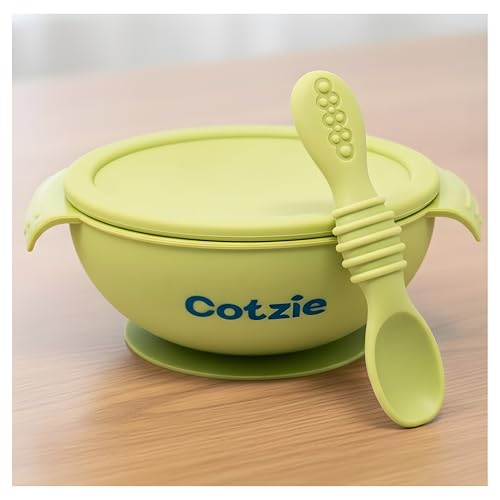 Cotzie Baby Feeding Bowl with Lid and Spoon Set | BPA Free Food Grade Silicone Bowl | Soft Silicone Spoon Gentle on Gums | Easy Grip, Safe & Durable Feeding Set (Green)