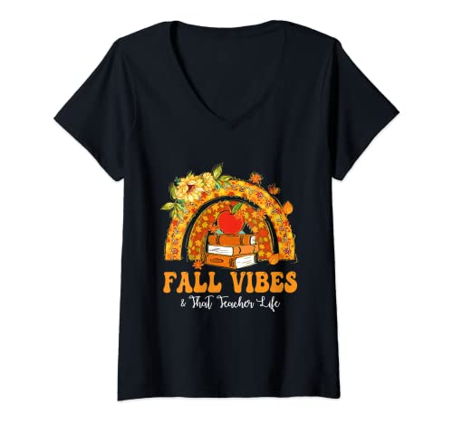 Womens Fall Vibes That Teacher Life Rainbow Teacher Fall Season V-Neck T-Shirt