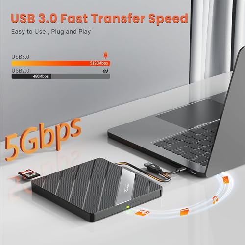 Image of Techie 8-in-1 External DVD Drive with USB Hub, SD TF Card Reader and Type-C Power Port - Dual USB-A and Type-C Interface CD DVD Reader Writer for Laptop, MacBook, PC and Tablets (Black Grey)