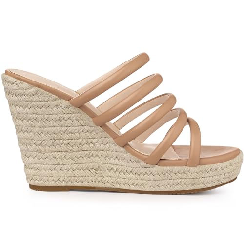 Allegra K Allegra K Women's Platform Strappy Slides Wedge Espadrille Wedges Nude Sandals 9 M US