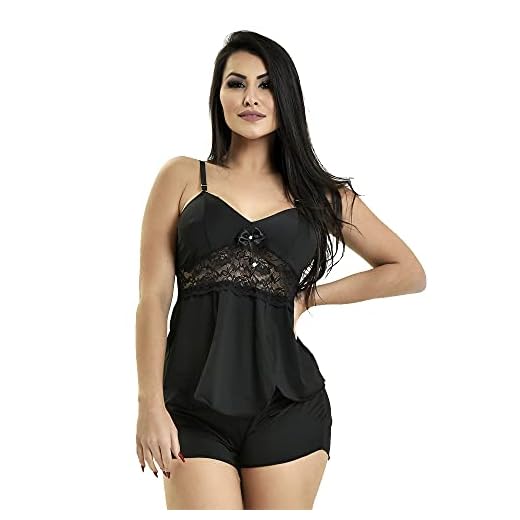 Baby Doll Microfibra Romance Luxo Renda Preto Tamanho:P;Cor:Preto;Gênero:Feminino