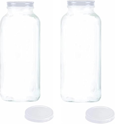 Yes I Can - Botella de leche de vidrio con 2 tapas adicionales sin fugas, jarras cuadradas vintage de 32 onzas (juego de 2) (blanco)