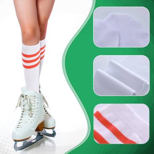 Shihanee 6 Pairs White Knee High Socks Striped Tube Socks Roller Skate Skating Soccer Athletic Sports Long Stockings Leg Warmer Gifts for 7-12 Year Girls Youth Kids Team Teens3