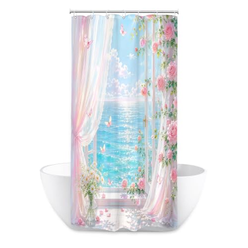 Image of Riyidecor Pink Ocean Roses Shower Curtain 36Wx72H Inch Small Stall Beachy Coastal Floral Flower Pretty Butterfly Hawaii Summer Scenery Beachside Bathroom Decor Fabric Polyester Waterproof 7 Pack Hooks