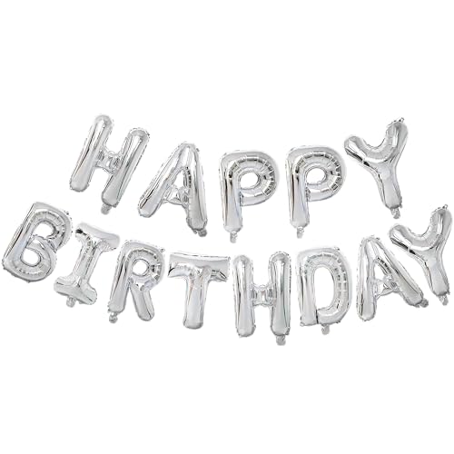 Image of Flyloons Silver Colour Happy Birthday Foil Balloon Banner Set For Boys Girls Kids Men Women | 13 Letters Reusable Happy Birthday Metallic Foil Balloons Decoration Kit, 13 Pcs