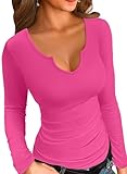 VICHYIE Womens Tops V Neck Sexy Fall Trendy Long Sleeve Casual Slim Fitted Knit Ribbed Tshirt Basic Top Blouses Shirt Tee Hot Pink L