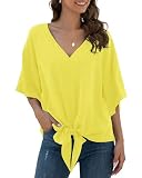 VIISHOW Womens Floral V Neck Tie Knot Front Blouses Bat Wing Short Sleeve Chiffon Tops Shirts,Tender Yellow,XX-Large