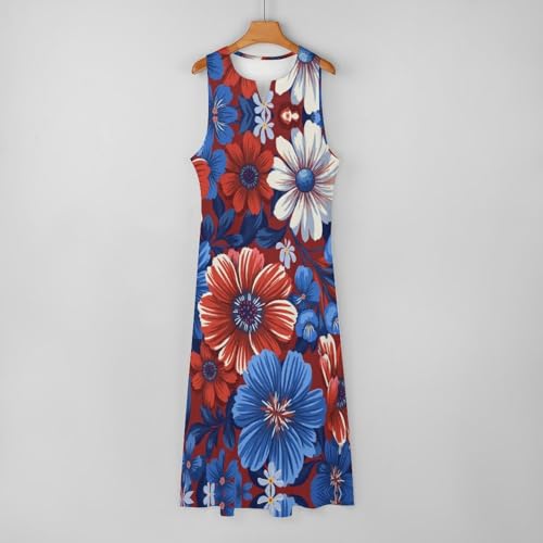 Robe longue imprimé fleurs ethniques col V et coupe trapèze bleu