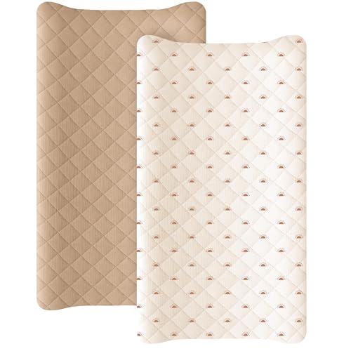 Image of Konssy Waterproof Muslin Changing Pad Cover 2 Pack, Quilted Cotton Fitted Diaper Chang Table Cover, Soft Changing Pad Sheets for Girls Boys (Camel,Sun)
