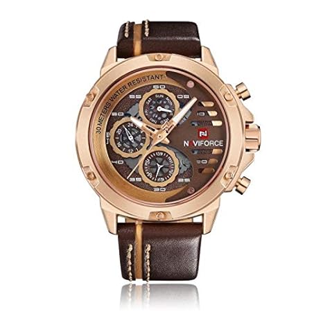 Golden Dual Time Chronograph Leather Watch for Men 9110